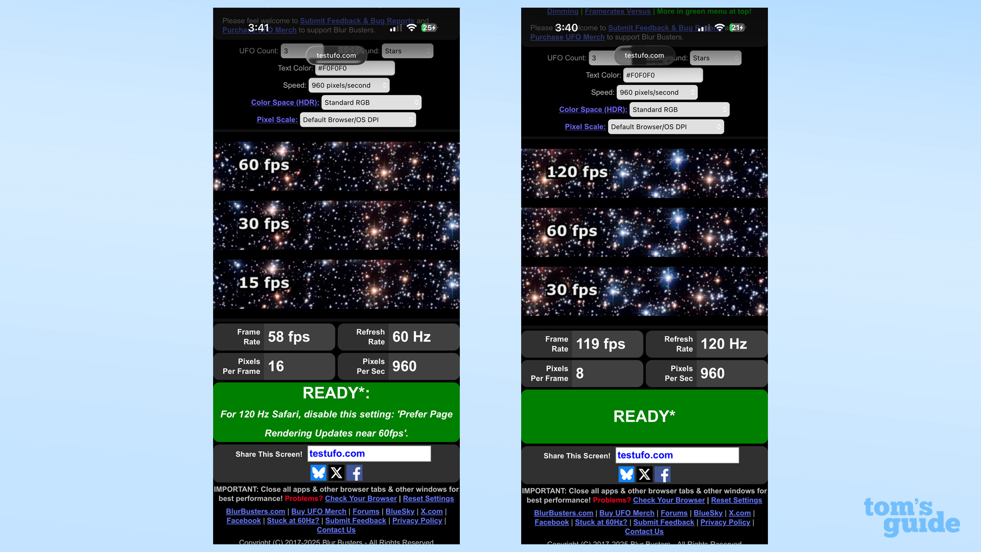 Testing Safari refresh rate before and after the setting alteration