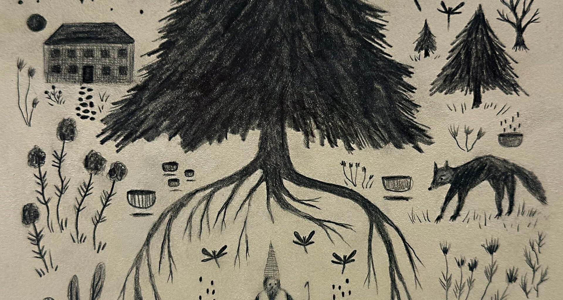 a folk-art inspired work by Michael McGrath with eyes, insects, trees and more