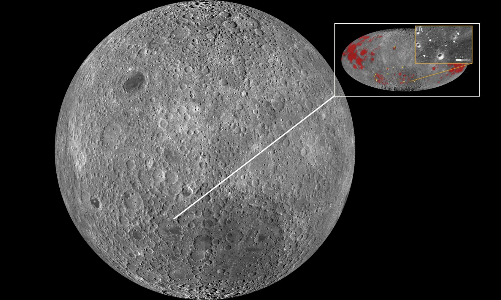 Map of the Moon’s far side showing red fault lines, revealing young geological scars that suggest active tectonics