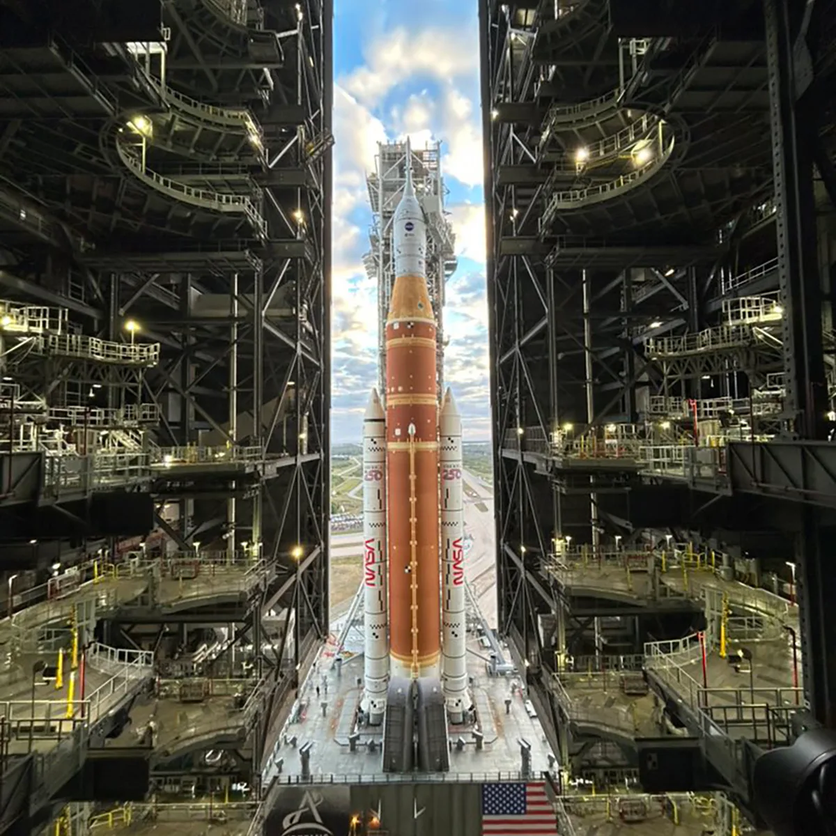 The Artemis II Space Launch System inside the Vehicle Assembly Building at NASA's Kennedy Space Center, Florida, just prior to rollout, 18 January 2026. Credit: NASA