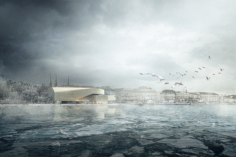 near figure envisions evolving green concrete museum unfolding along helsinki harbor
