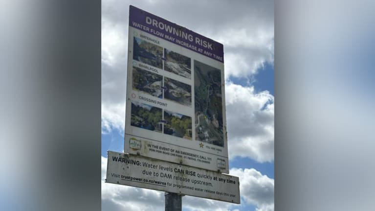 One of the water safety signs around the Poripoir swimming hole. (Source: Supplied / Western Bay of Plenty District Council)