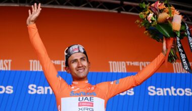 WILLUNGA HILL, AUSTRALIA - JANUARY 25: Jhonatan Narvaez of Ecuador and UAE Team Emirates Xrg celebrates at podium as Orange Santos Leader&amp;apos;s Jersey winner during the 25th Santos Tour Down Under 2025, Stage 5 a 145.7km stage from McLaren Vale to Willunga Hill 371m / #UCIWT / on January 25, 2025 in Willunga Hill, Australia. (Photo by Dario Belingheri/Getty Images)