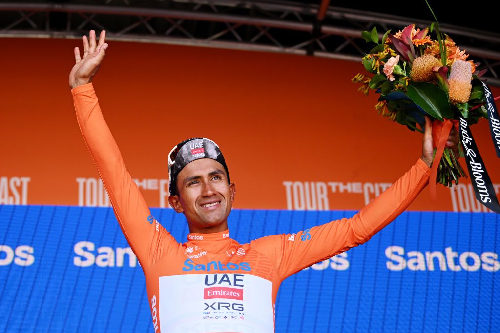 WILLUNGA HILL, AUSTRALIA - JANUARY 25: Jhonatan Narvaez of Ecuador and UAE Team Emirates Xrg celebrates at podium as Orange Santos Leader&amp;apos;s Jersey winner during the 25th Santos Tour Down Under 2025, Stage 5 a 145.7km stage from McLaren Vale to Willunga Hill 371m / #UCIWT / on January 25, 2025 in Willunga Hill, Australia. (Photo by Dario Belingheri/Getty Images)