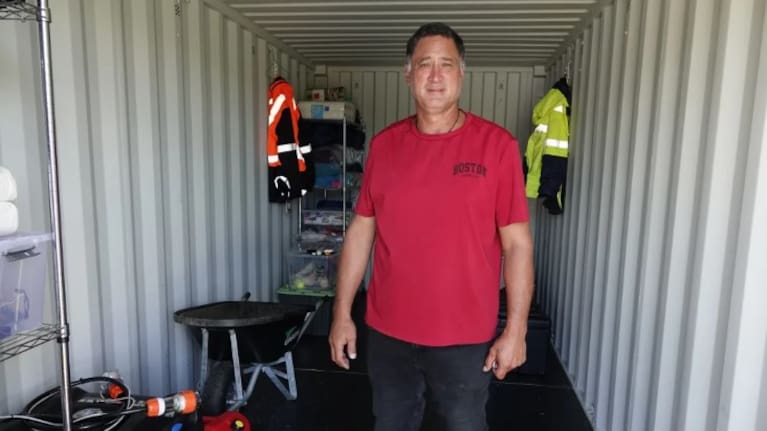 Paora Glassie checks a container stocked with emergency equipment for Ōtetao Reti Marae.
