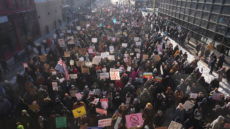 People protest against ICE (Immigration and Customs Enforcement) in downtown Minneapolis.