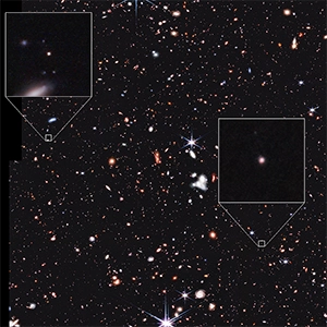 Four of the nine galaxies in the newly identified “platypus” sample were discovered in NASA’s James Webb Space Telescope’s Cosmic Evolution Early Release Science Survey (CEERS). One key feature that makes them distinct is their point-like appearance, even to a telescope that can capture as much detail as Webb. Credit: NASA, ESA, CSA, STScI, UT Austin