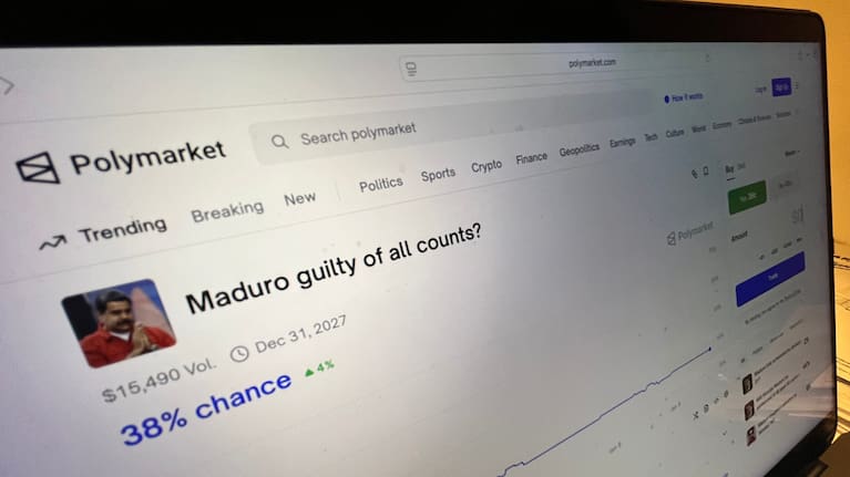 Polymarket prediction market website is displayed on a computer screen on January 9, 2026, in Philadelphia.