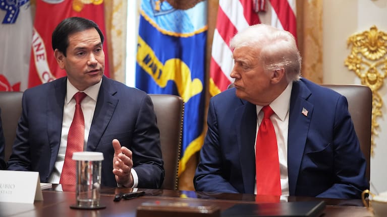 President Donald Trump looks on as Secretary of State Marco Rubio speaks during a cabinet meeting at the White House, Thursday, Oct. 9, 2025, in Washington