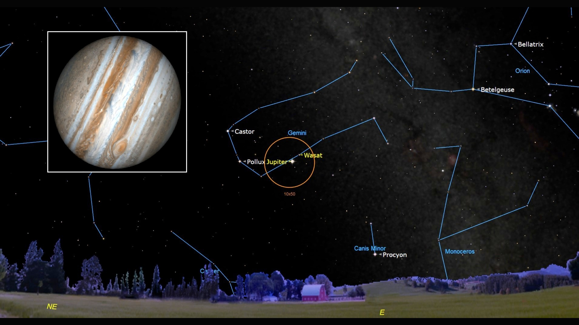 A star map shows labeled stars like Betelgeuse with an orange circle around the dot labeled Jupiter and a boxout to the left of the image showing a close up of the planet Jupiter in space surrounded by a white box