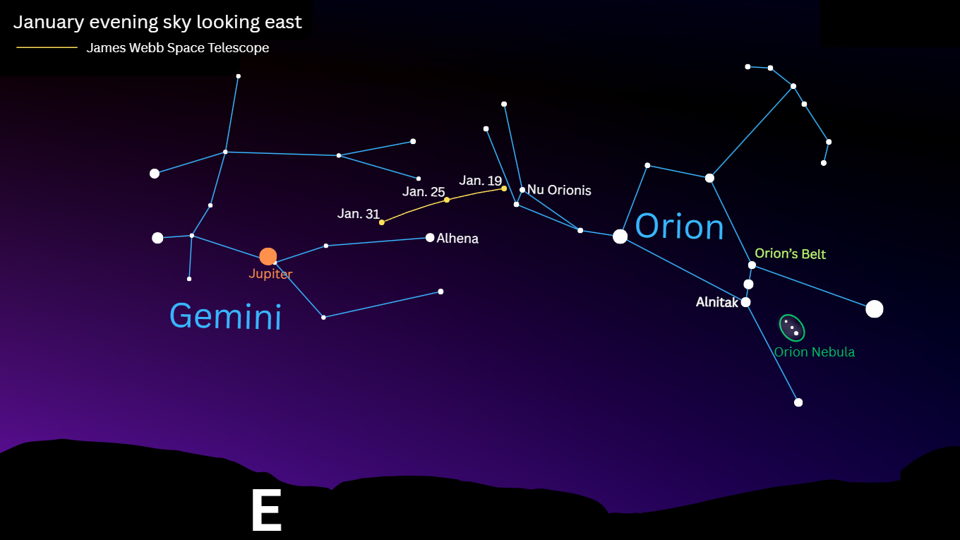 A simulation of the night sky for January showing the stars of the constellations Gemini and Orion above the eastern horizon.