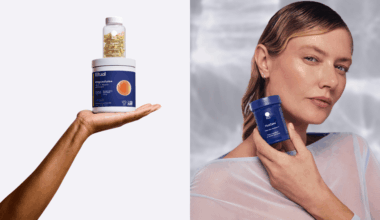 hand holding up ritual's magnesium supplement, with another one on top; female model holding up an anti-aging supplement to her face