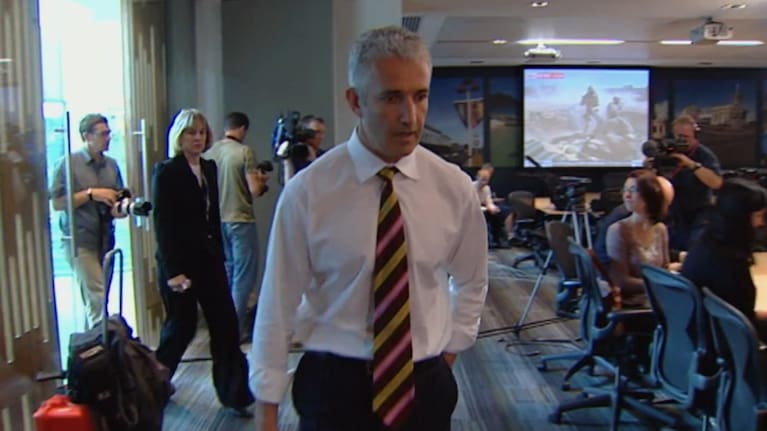 Rob Fyfe arrives to speak to media about the crash in 2008.