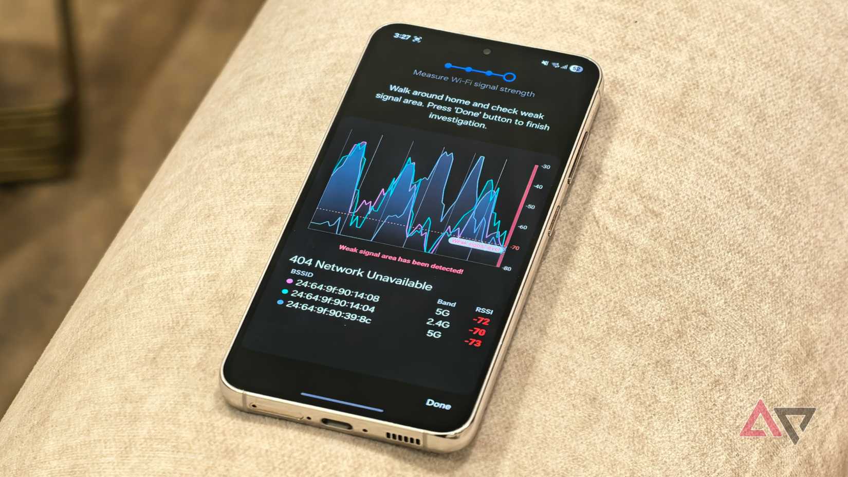 Wi-Fi signal strength graph showing weak areas detected in home