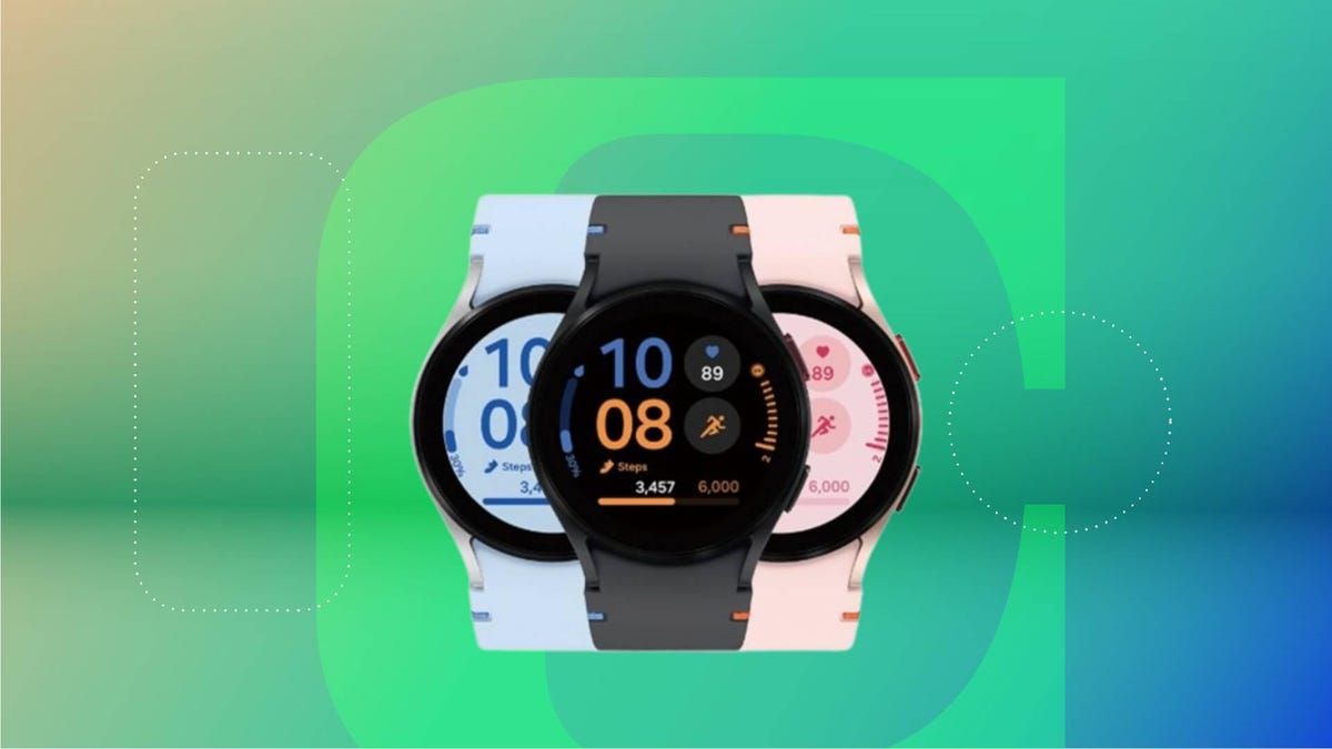 A trio of Samsung Galaxy watches against a gradient green and blue background