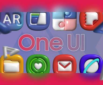 Colorful 3D-style icons of Samsung One UI apps arranged around the text 'One UI'.