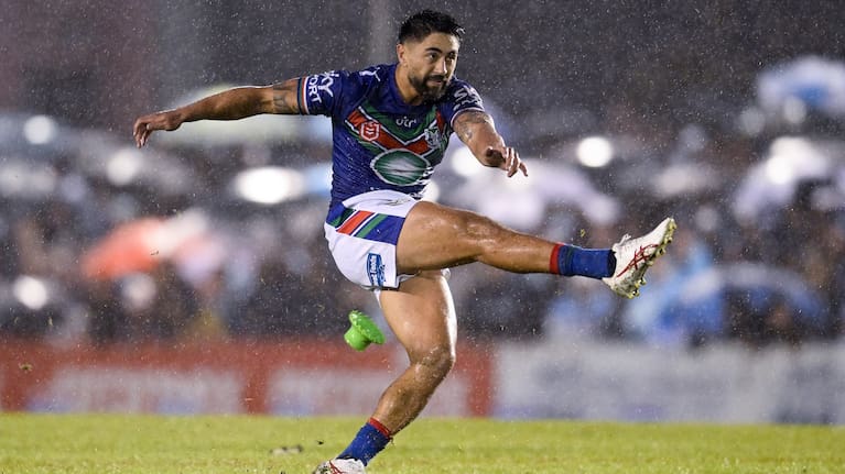 Shaun Johnson kicks the winning penalty for the Warriors in their last-minute win over the Sharks.