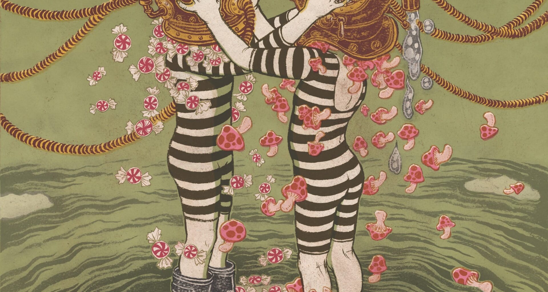 An illustration by Yuko Shimizu of two young swimmers underwater in black-and-white striped suits, wearing vintage metal diving helmets
