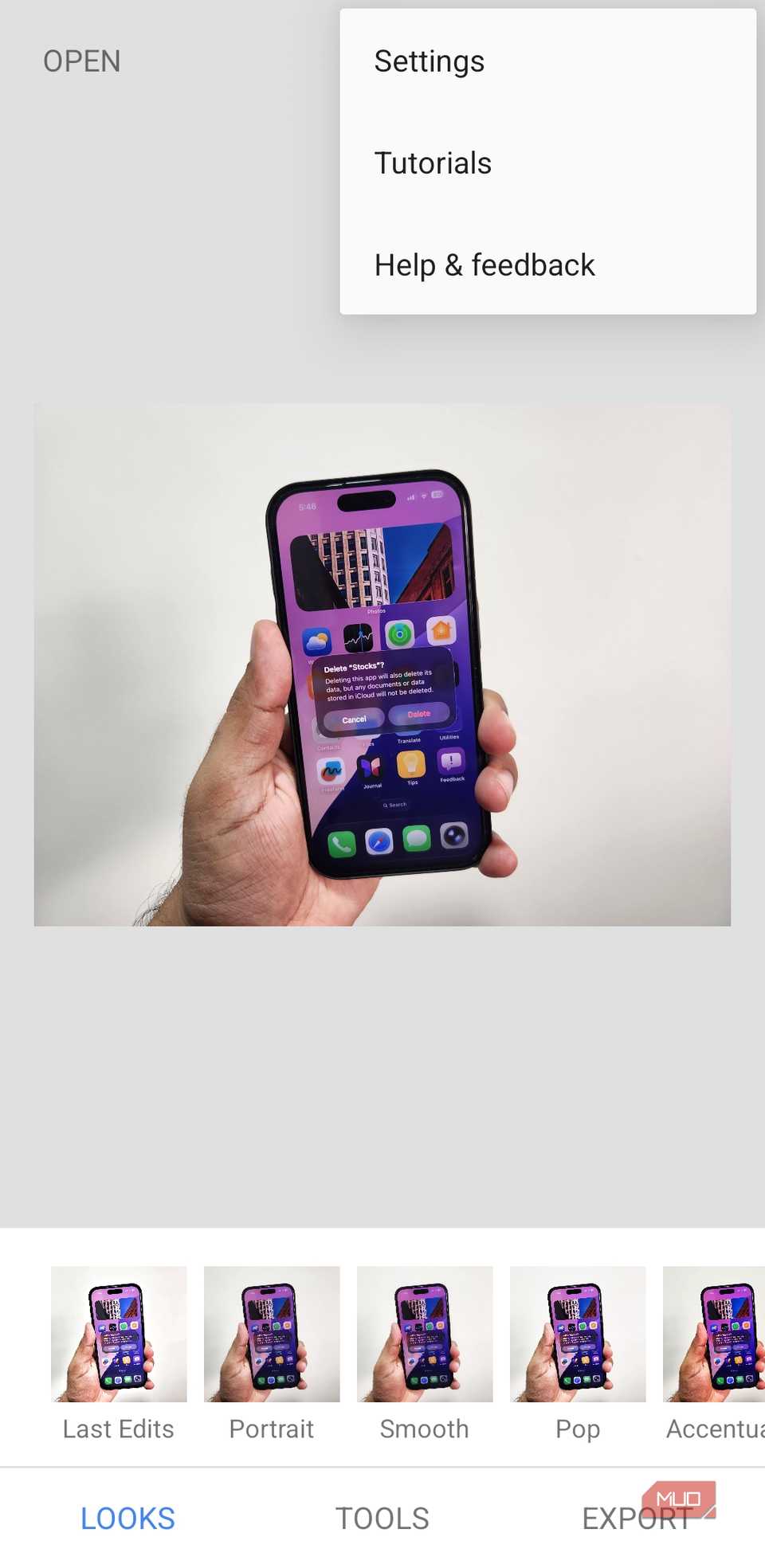 Snapseed tutorials menu on Android