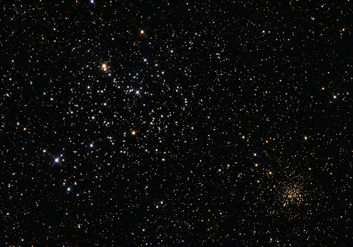 A series of bright white dots of a star cluster against the darkness of space