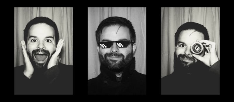 A bearded man poses in three black-and-white photo booth shots: surprised with hands on cheeks, smiling with pixelated "deal with it" sunglasses, and grinning while holding an object over one eye.
