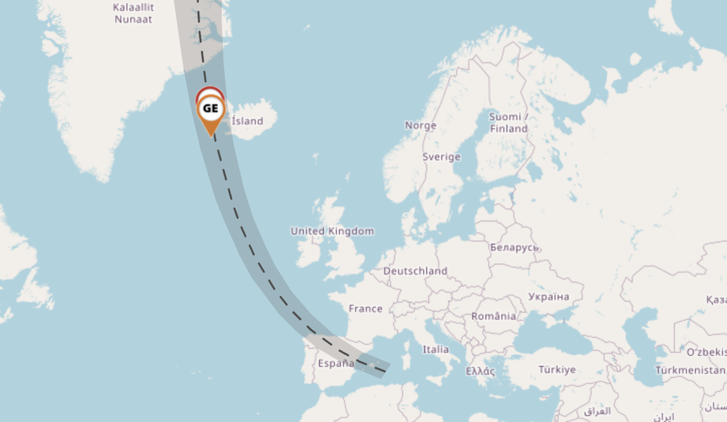 A map of Iceland and Europe showing the path of totality in August 2026