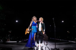 Taylor Swift and Ed Sheeran perform onstage during "Taylor Swift | The Eras Tour" at Wembley Stadium on August 15, 2024 in London, England. (Photo by TAS2024 via Getty Images)