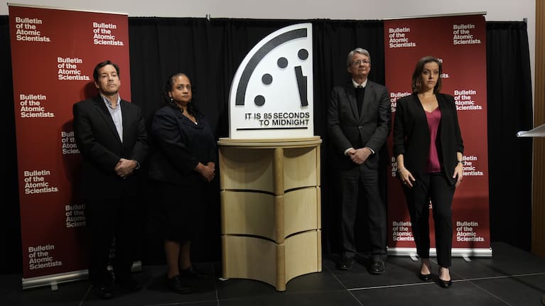 The Bulletin of the Atomic Scientist members, from left, Jon B. Wolfsthal, Asha M. George, Steve Fetter and Alexandra Bell, reveal the Doomsday Clock.