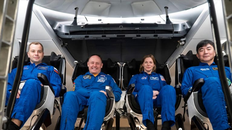 The four crew members of NASA’s SpaceX Crew-11 mission to the International Space Station train inside a SpaceX Dragon spacecraft in Hawthorne, California. (Source: SpaceX)