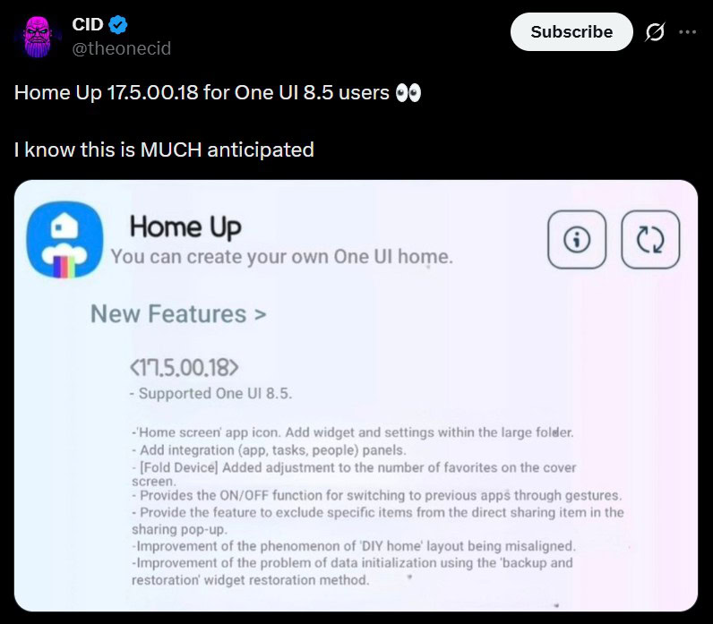 theonecid post Home Up update @theonecid's post on X about the new Home Up update