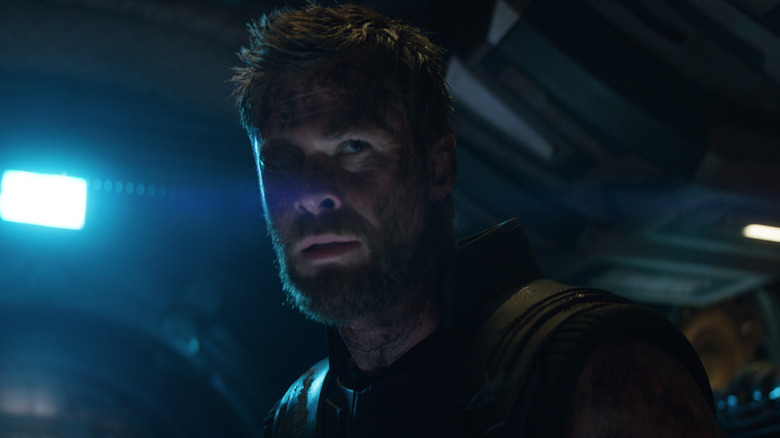 Chris Hemsworth as Thor waking up on the table in the Guardians' ship in Avengers: Infinity War