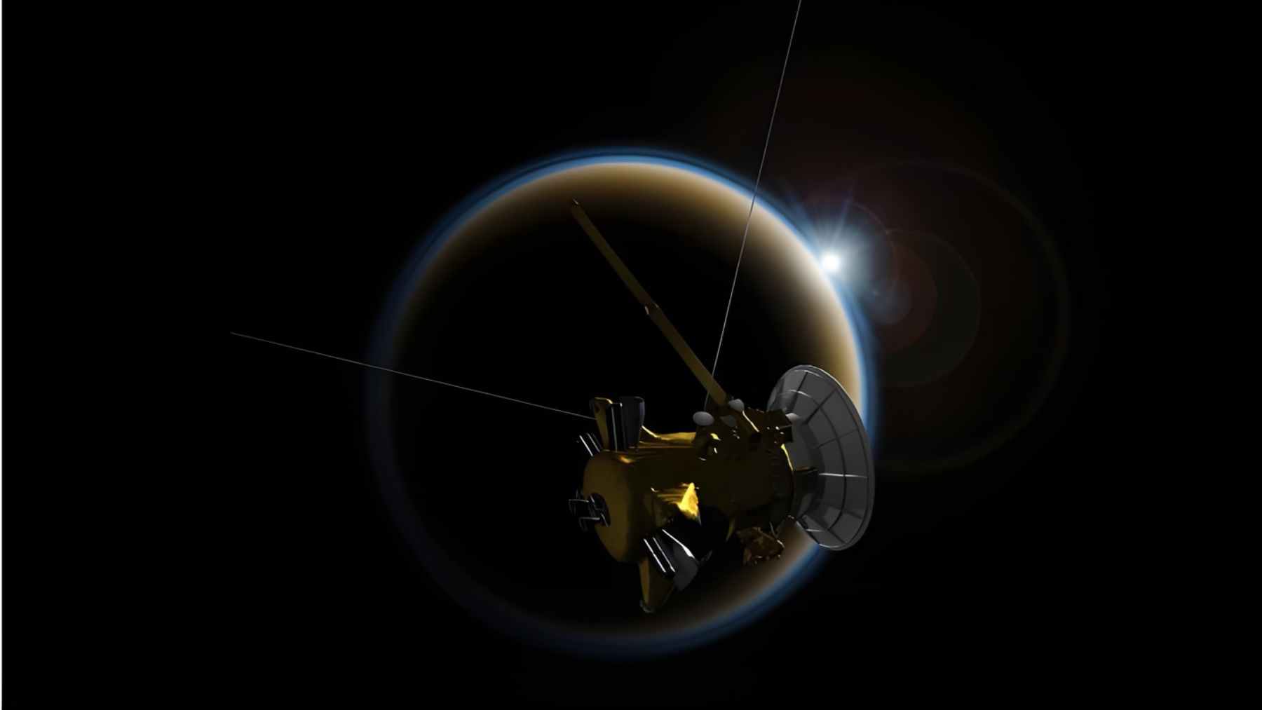 Artist illustration of a spacecraft near Titan, Saturn’s largest moon, with sunlight flaring behind the hazy world in the background.