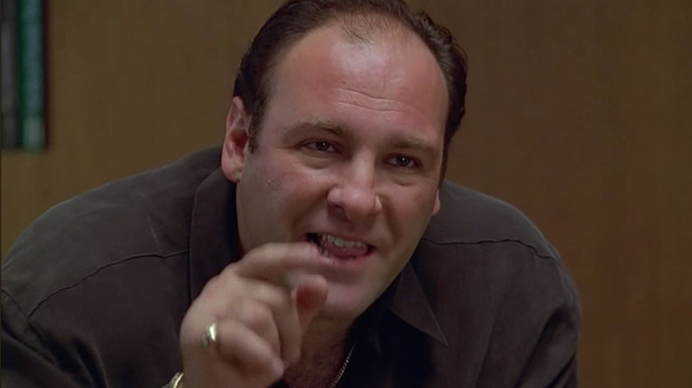 James Gandolfini as Tony Soprano pointing while speaking in The Sopranos