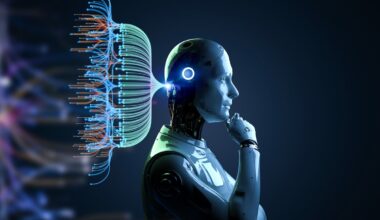 R humanoid robot stands in a thinking position.