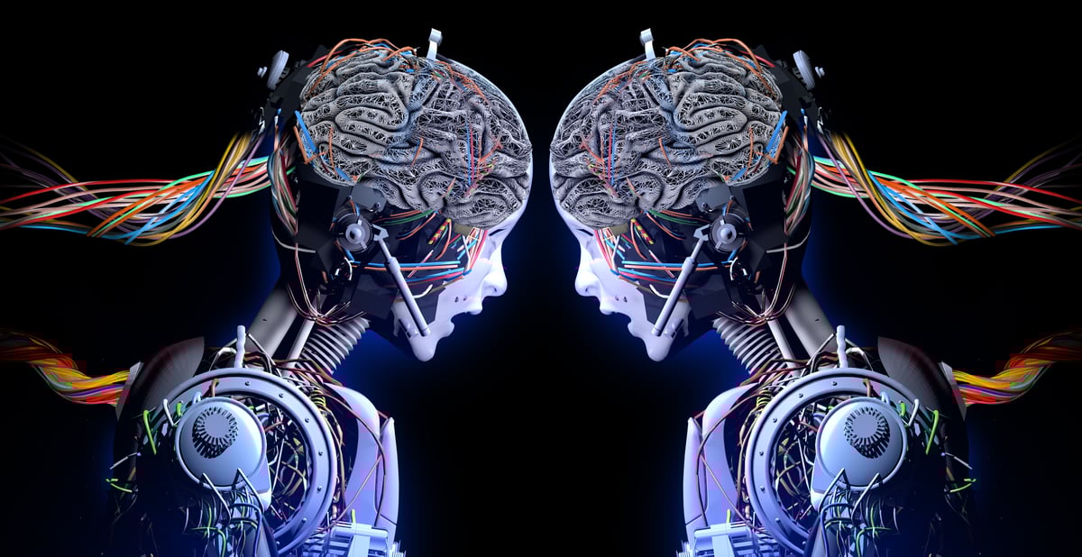 An artist's rendering of two robots standing face to face on a black backdrop.