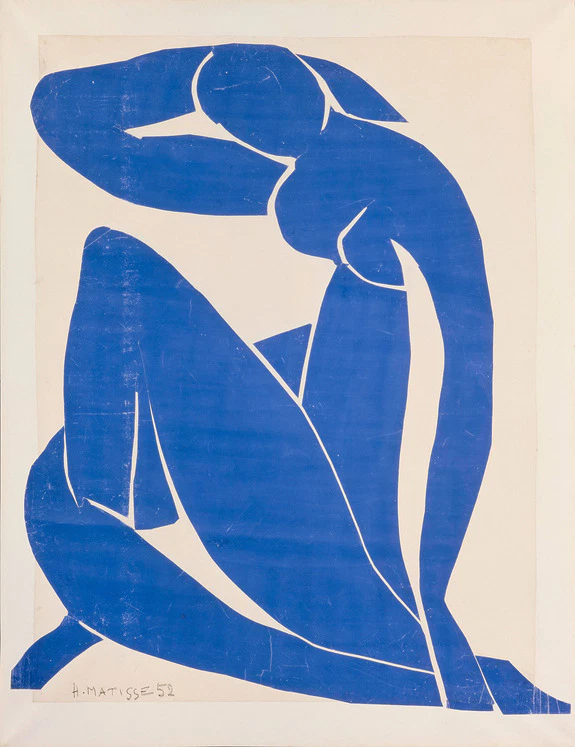 Blue abstract figure on white background by Henri Matisse, showing a seated pose with arm raised, from his series "Blue Nudes".
