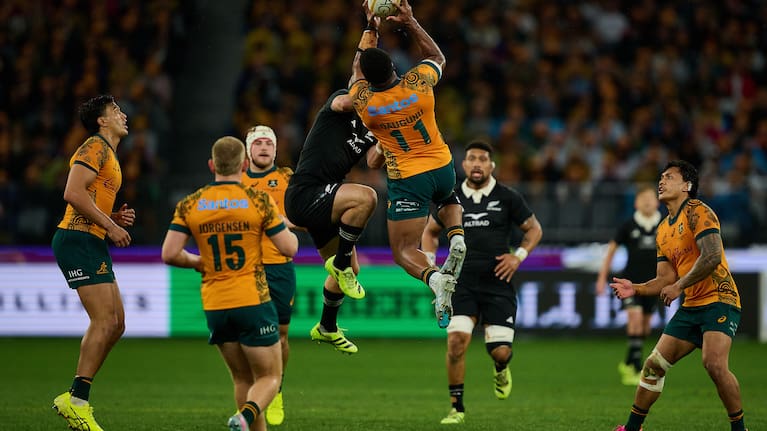 Wallabies wing Filipo Daugunu climbs to win a high kick against the All Blacks in Perth last year.