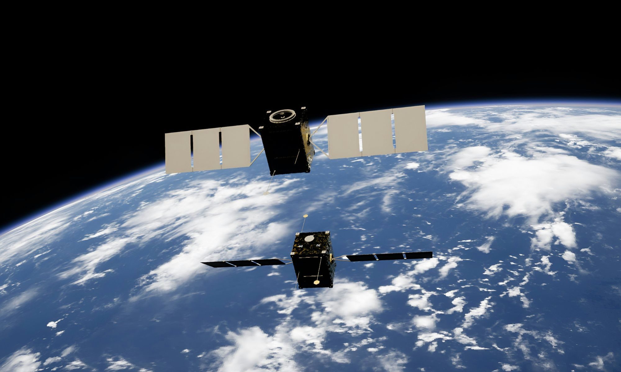 Two satellites docking in space powered by Obruta's RPOD Kit.