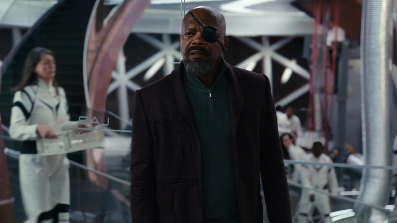 Nick Fury standing on a space station in The Marvels