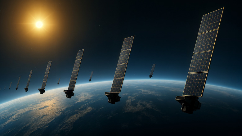A rendering of Starlink satellites in Earth's atmosphere.