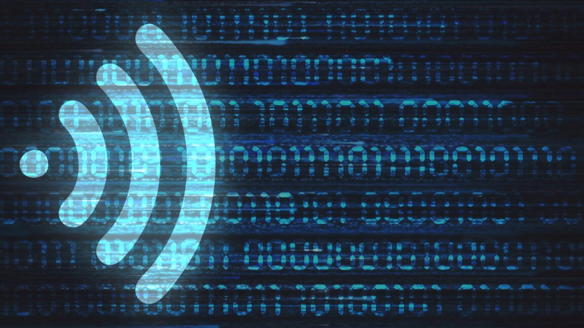 Illustration of a Wi-Fi symbol on a background of ones and zeroes to represent Internet data.