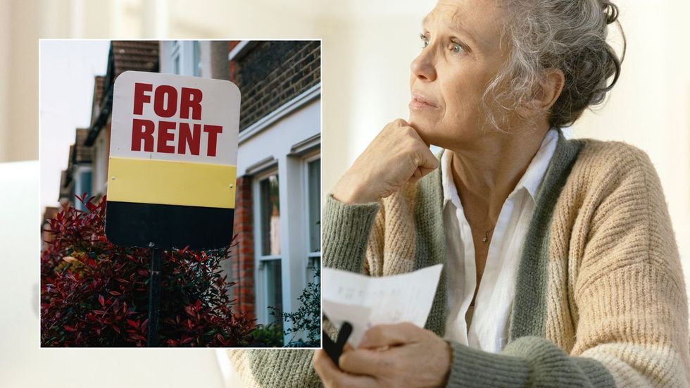 Woman looking worried and rent sign