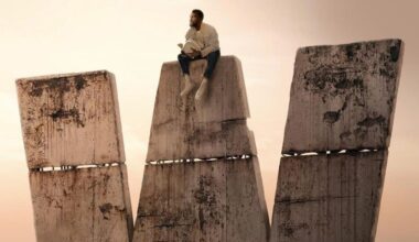man sitting on top of a giant stone W