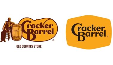 The old Cracker Barrel logo with a barrel and old man and the more minimalist new Cracker Barrel logo side by side