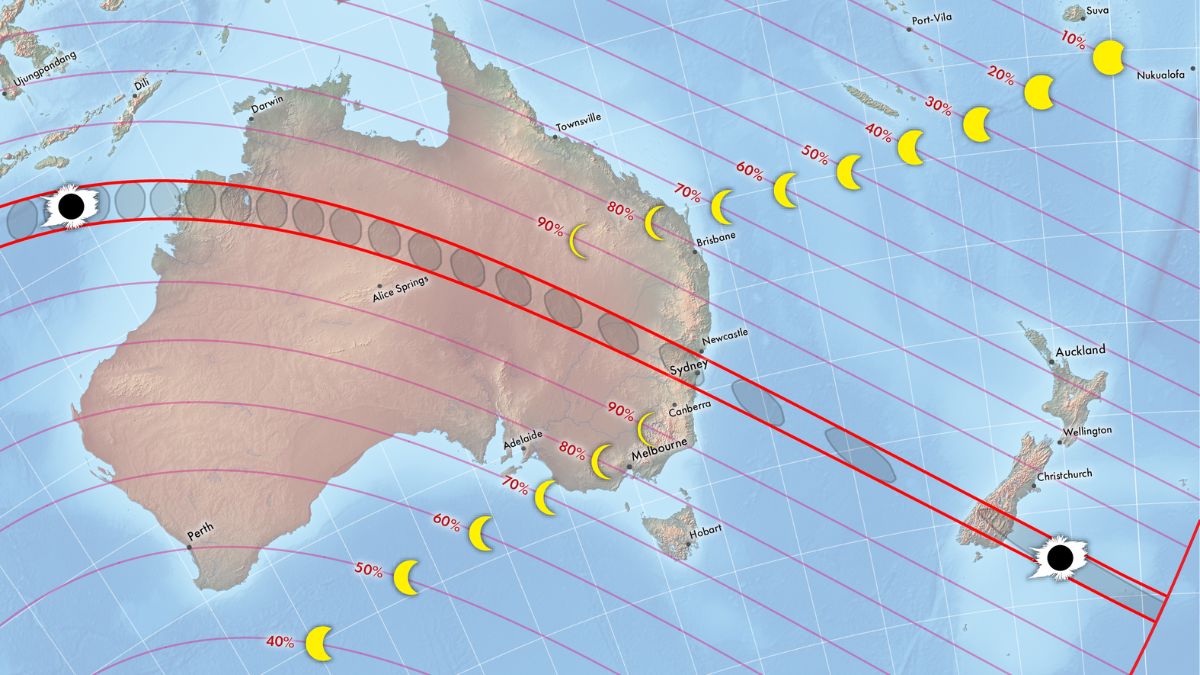 A map of Australia with lines showing the path of the total solar eclipse in 2028.