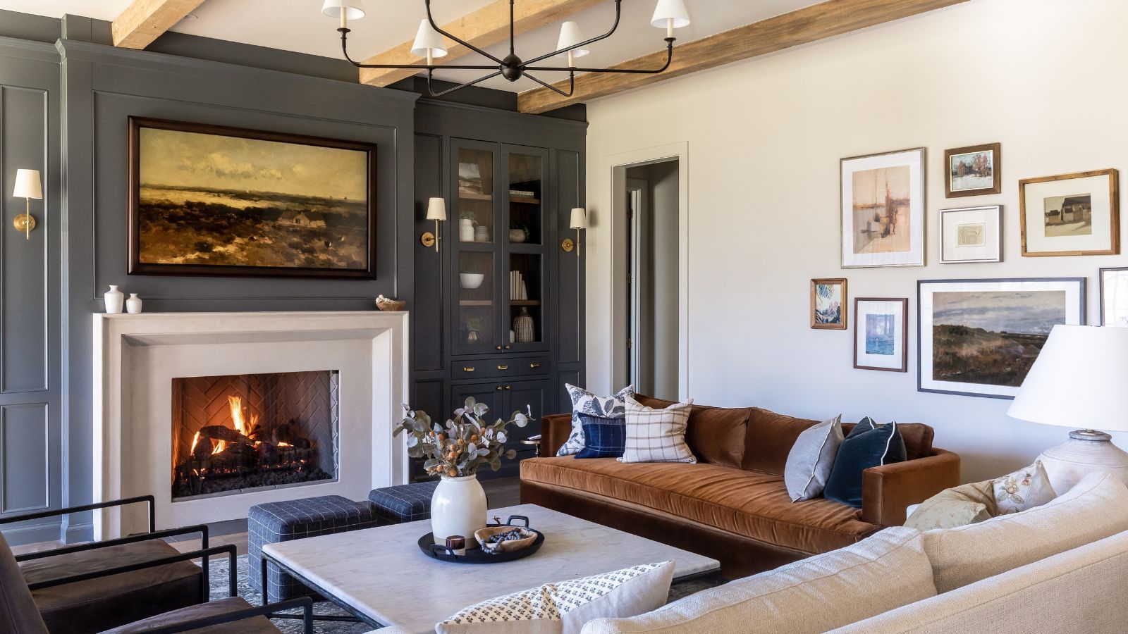 A dark blue and white living room