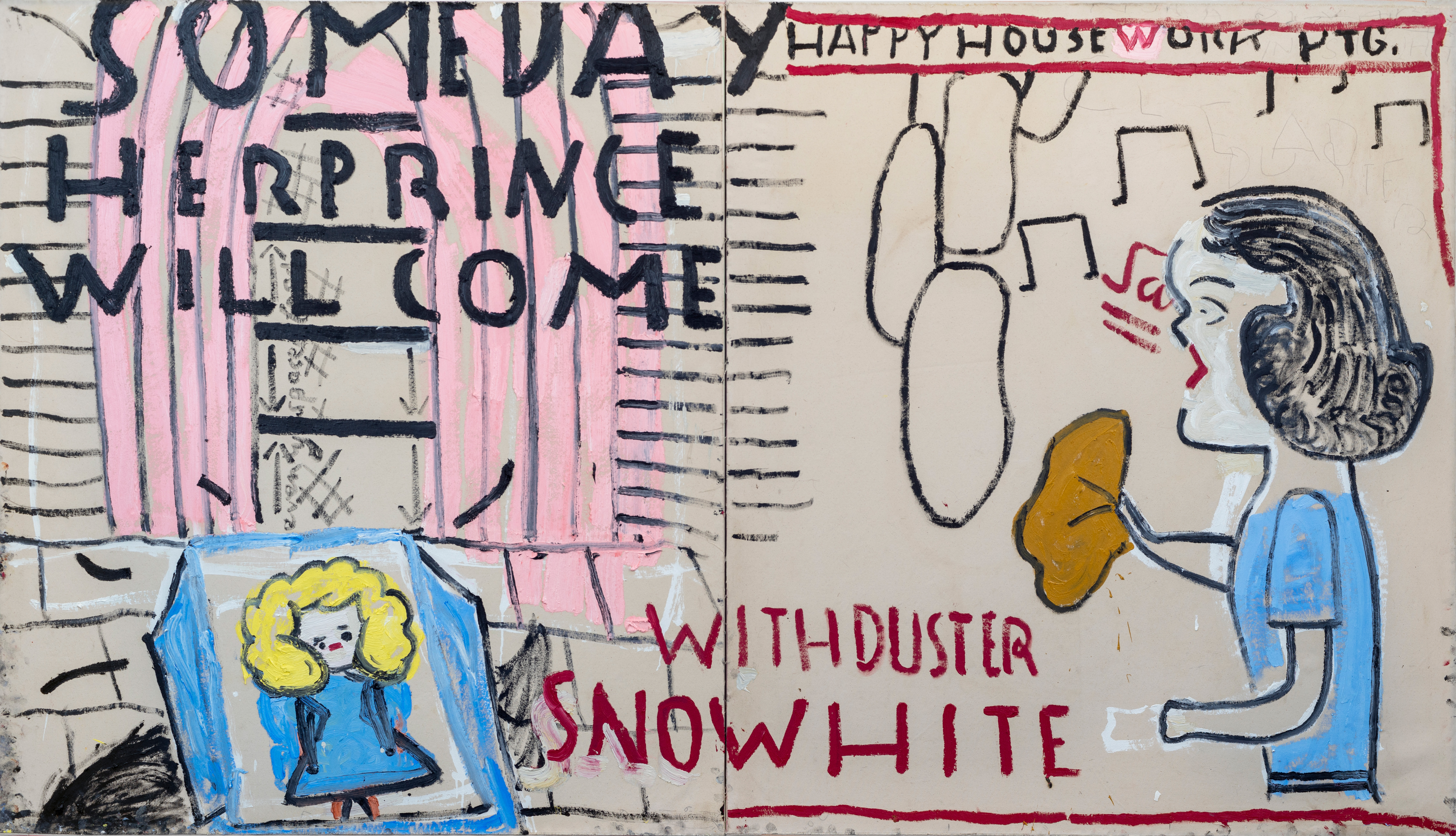 Illustration of two panels: the left shows "SOMEDAY HER PRINCE WILL COME" over a blonde girl, and the right shows "HAPPY HOUSEWORK PTG." with a woman cleaning and "WITH DUSTER SNOWWHITE" below.