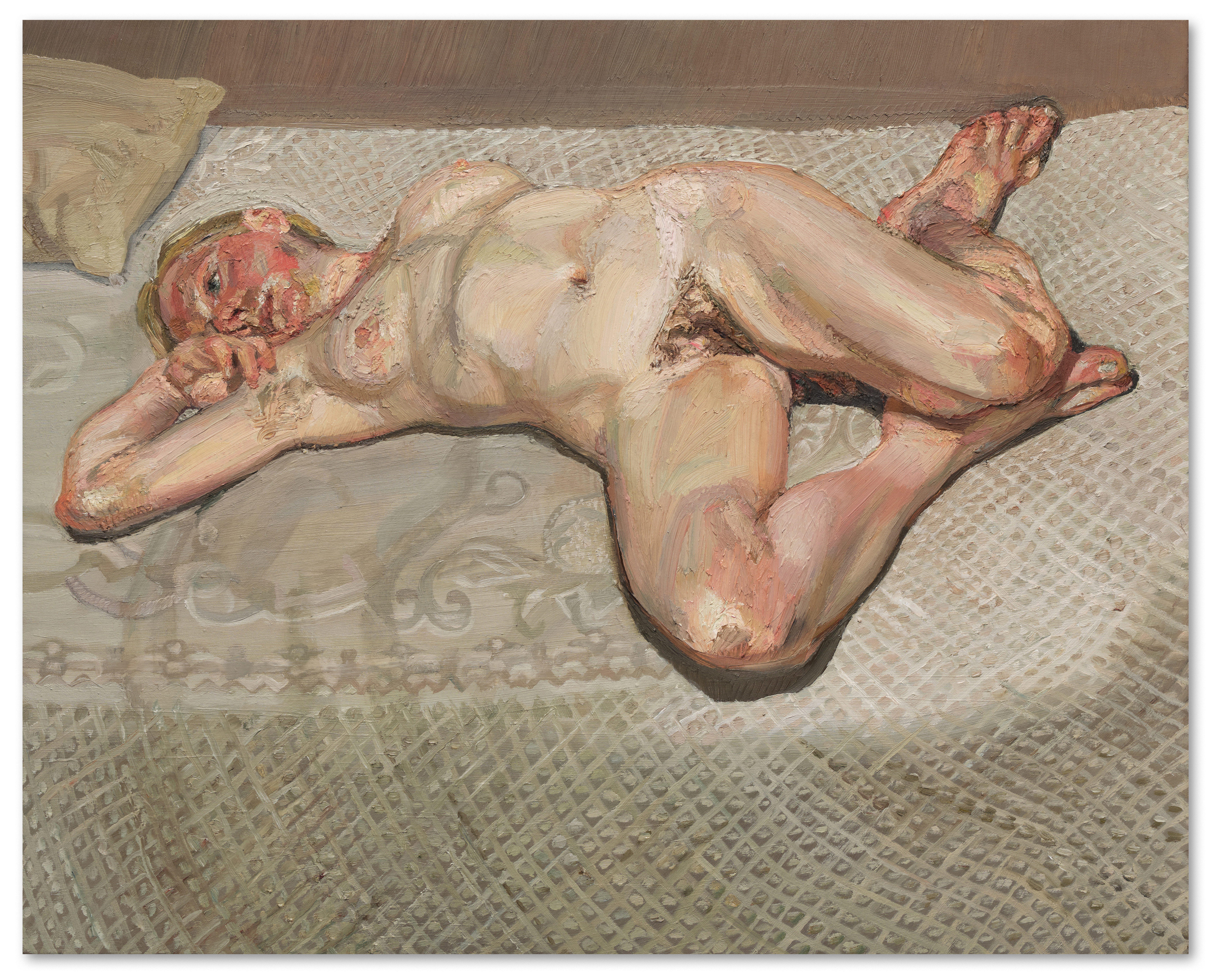 Illustration of a nude blond woman lying on a bed.