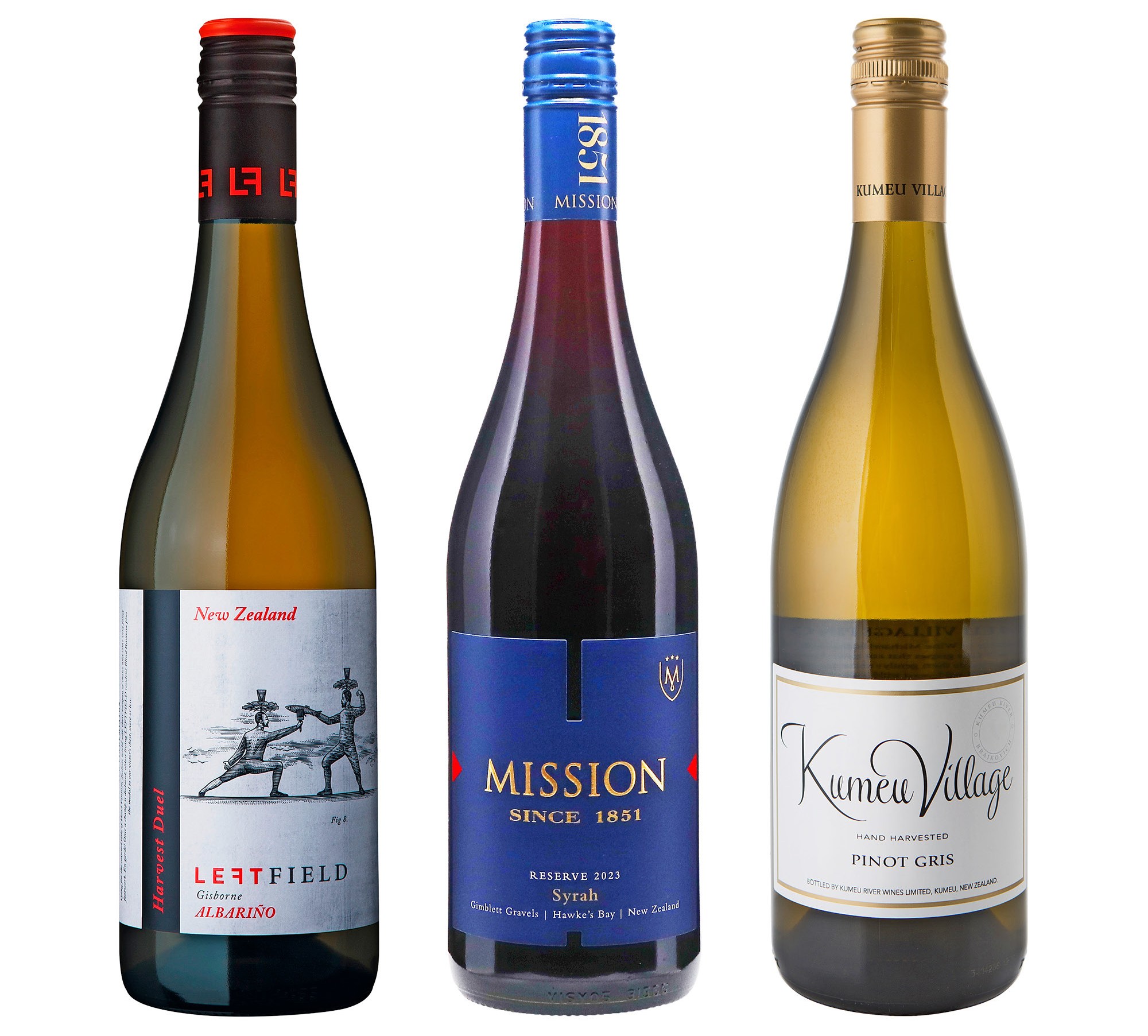 Three bottles of New Zealand wine: Leftfield Albariño, Mission Reserve Syrah, and Kumeu Village Pinot Gris.
