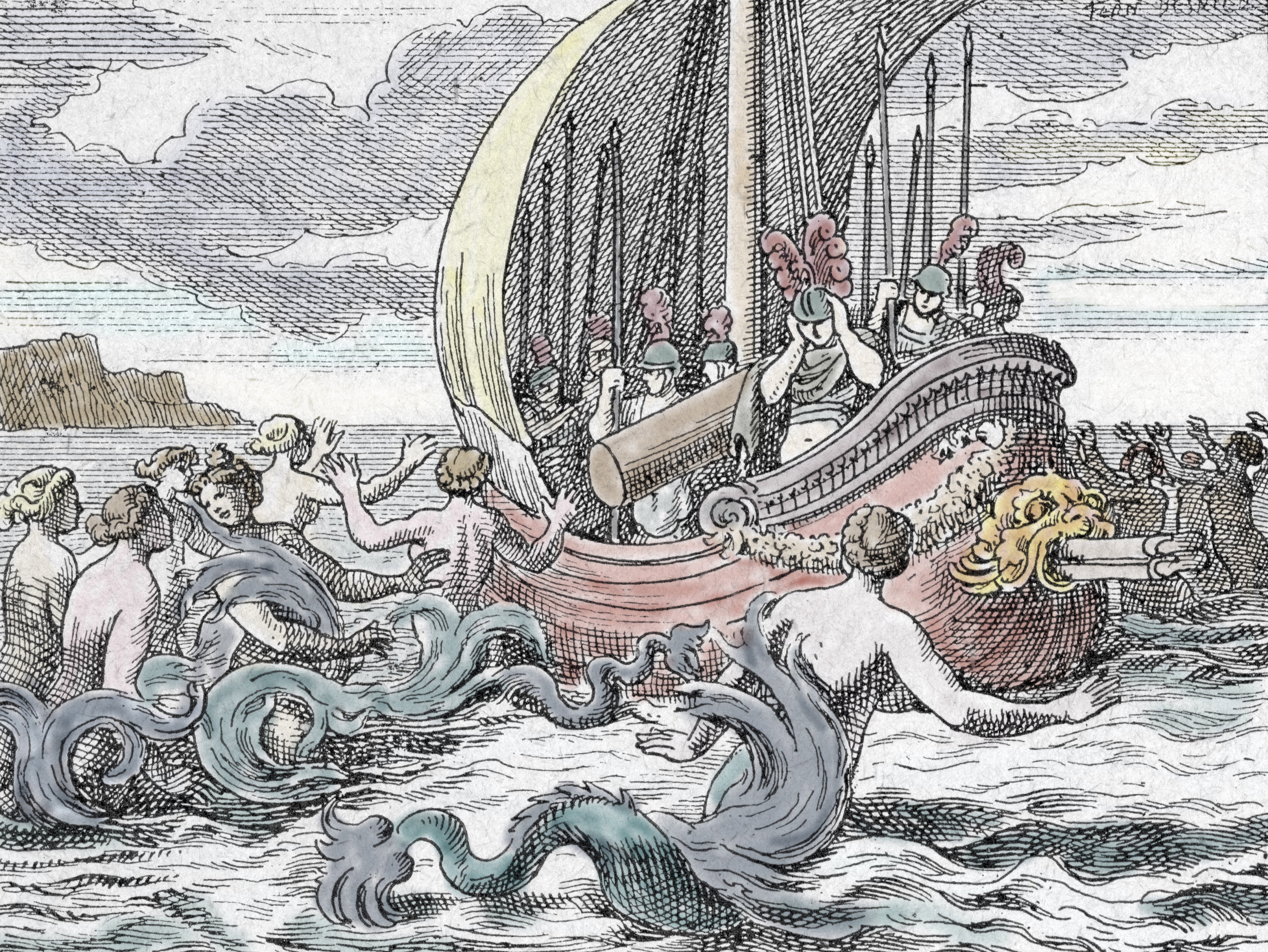 Illustration of Odysseus and his crew sailing past sirens, with Odysseus tied to the mast and his men plugging their ears.